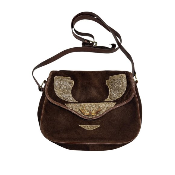 Saggio Handbags - Vtg Saggio Brown Suede Crossbody Bag Boho Hippie Slouchy Snakeskin Trim Festival